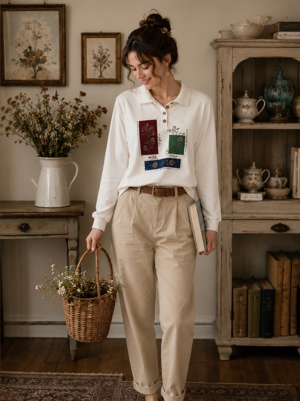 Alfred Dunner Cream Pullover with Burgundy, Green & Blue Appliqué